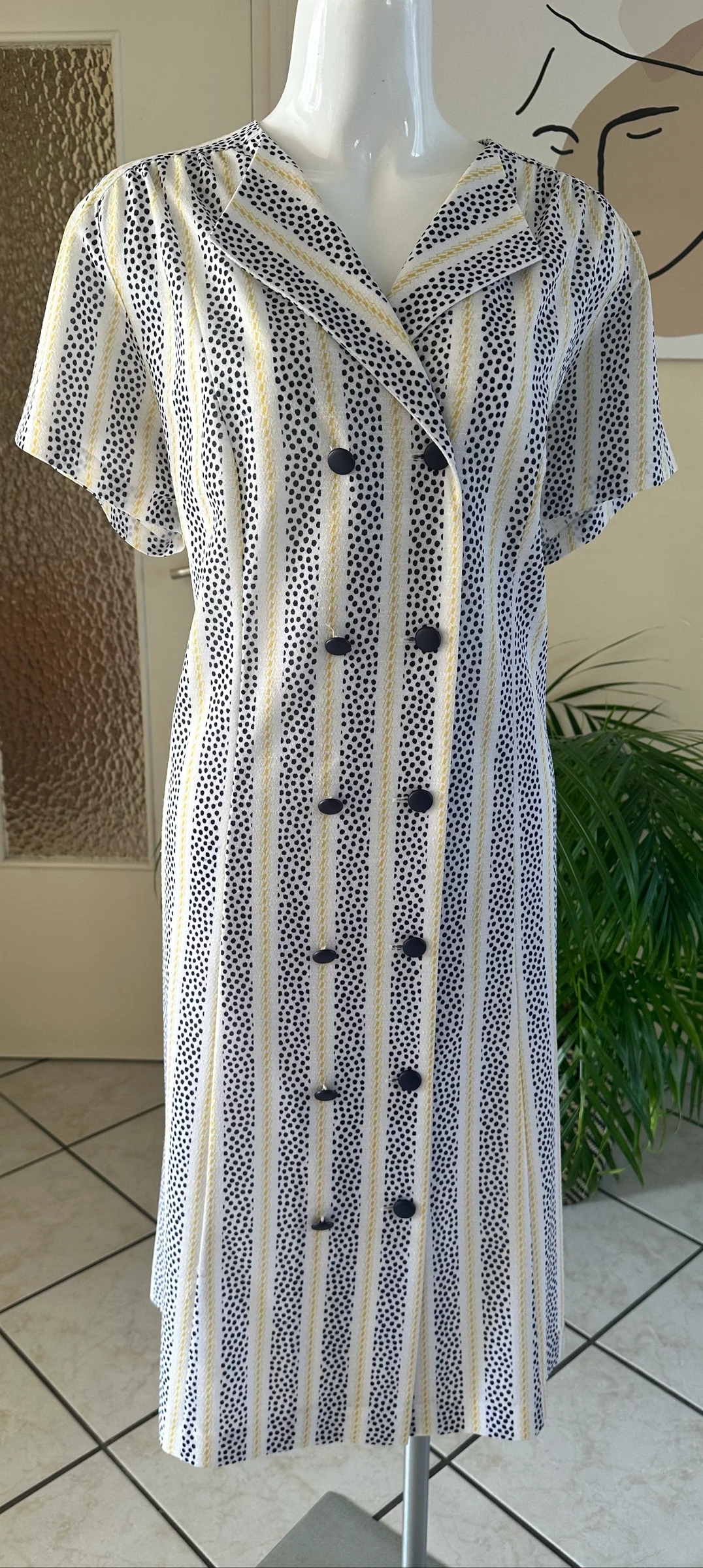 Vestido vintage estampado azul-marinho e amarelo tamanho 44/46 – Condição impecável – photo 4